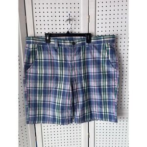 St. John's Bay Men's 44 Tall Plaid Chino Shorts Preppy Beachy Blue Pink Cotton